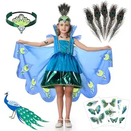 BuzzoXere Pfau Kostüm für Kinder, Kleid mit Flügeln und Stirnband für Karneval (L, 8-10 Jahre)