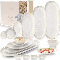 SÄNGER Servierplatten Korfu 11-tlg. Geschirrset Steingut in Creme mit sandiger Maserung | PREMIUM COLLECTION