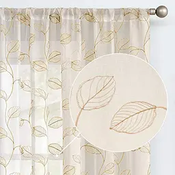 TOPICK Sheer Vorhang mit Blattstickerei Transparent Beige - 2er Set für Wohnzimmer & Schlafzimmer (H225xB140cm)