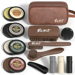BALORIZ Schuhputzset 13-tlg. für Lederschuhe, inklusive Schuhcreme in Schwarz, Braun & Farblos, Lederpflegeöl, Rosshaarbürsten, Poliertücher & Aufbewahrung
