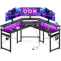 ODK Gaming Tisch 129x129 cm mit LED, 2 Steckdosen & 2 USB-Anschlüssen, Computertisch in Kohlefaser Schwarz