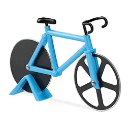 Relaxdays Pizzaschneider, lustiger Fahrrad-Design, aus Edelstahl, für Pizza & Teig, blau