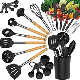 LVEON Küchenutensilien-Set, 33-teilig, hitzebeständig, mit Holzgriff und Antihaft-Oberfläche
