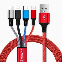 Amuvec 4-in-1 Nylon USB Ladekabel 3A mit iP, Typ C und Micro Anschlüssen für Smartphones und PS4