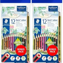 Staedtler Buntstifte Noris Colour, 12 Farben, mit Radierer & Bleistift, aus Upcycled Wood, Set 61