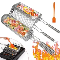 JUAUO 2-Stück Grillzubehör - Rotierender Grillkorb mit Edelstahlgriff für Gemüse, Fleisch & Meeresfrüchte