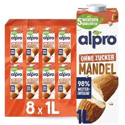Alpro Mandeldrink Ohne Zucker – 8 x 1L, Vegan, Laktosefrei, Glutenfrei, Fettarm, Ohne Zusatzstoffe