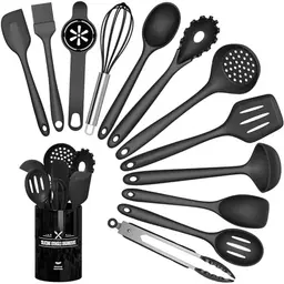 Terlulu 13-teiliges Silikon Kochutensilien Set mit Utensilienhalter - Spülmaschinenfest, Schwarz