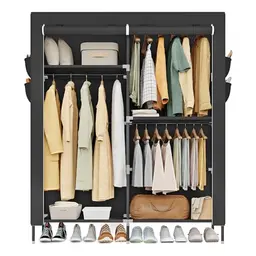 SONGMICS Stoffkleiderschrank, 3 Hängfächer, mit Kleiderstange, Ablagen und Seitentaschen, 45x127x180 cm, schwarz