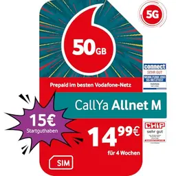 Vodafone Prepaid CallYa M mit 50 GB, 15 EUR Guthaben, ohne Vertrag, Allnet Flat, EU-Roaming, weltweit nutzbar