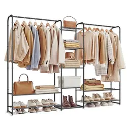 SONGMICS Offener Kleiderschrank mit Ablagen, Freistehender Garderobenständer, Mattschwarz, 29 x 183 x 158,4 cm