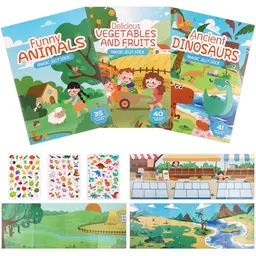 Kaisibum 3er Set Wiederverwendbare Stickerbücher für Kinder – Dinosaurier, Tiere, Obst und Gemüse, pädagogisches Spielzeug