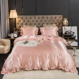 Koudi Satin Bettwäsche Set 220x240cm Rosa Einfarbig mit Rüschen und Reißverschluss