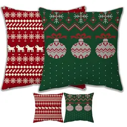 POPOYU 2er Kissenbezug Weihnachten 45x45cm Rot Grün Dekokissen Baumwolle Leinen Elch