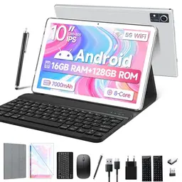 2025 10 Zoll 5G Android Tablet mit 16GB RAM, 128GB Speicher, 7000mAh, 1080P, 13MP Kamera, inkl. Tastatur und Stift - Silber