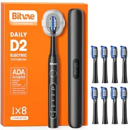 Bitvae D2 Elektrische Zahnbürste - Wiederaufladbar für Erwachsene & Kinder, 8 Köpfe, 5 Modi, Smart Timer, Schwarz