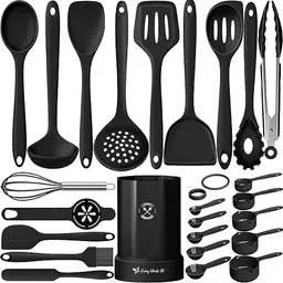 Silikon Küchenhelfer Set, 25 Stück, Hitzebeständiges Kochgeschirr mit Utensilienhalter, Gesund & Antihaft, Spülmaschinengeeignet - Schwarz