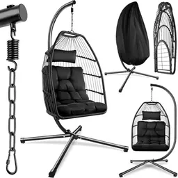 tectake® Hängesessel mit Gestell - Schaukelsessel für Innen und Außen, belastbar bis 160 kg - schwarz