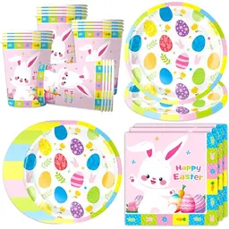 Bikasun Oster Partygeschirr Set für 16 Gäste, mit Osterhasen und Kaninchen, Becher, Teller, Tassen und Servietten für Babyparty-Dekoration