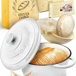 KRUSTENZAUBER Gusseisen Brotbacktopf 26 cm inkl. Gärkorb und Zubehör - Ideal zum Brotbacken mit Deckel