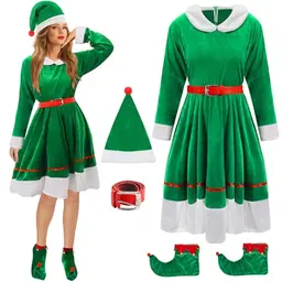 Mprocen Elfen Weihnachtskleid Set für Damen mit Hut, Gürtel und Stiefelstulpen für festliche Anlässe