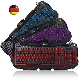 aLLreli K617 Beleuchtete Tastatur - QWERTZ, USB, 3-Farbig LED für Gaming und Büro, Schwarz