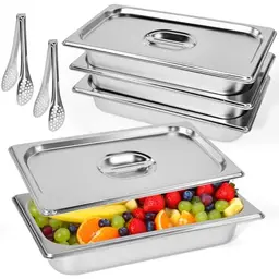 VGECEE Edelstahl Gastronormbehälter Set 4-teilig mit Deckel, 32,5 x 17,5 x 6,5 cm, inkl. Panierzange für Koteletts