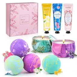 Geschenke für Frauen: Badebomben, Handcreme und Duftkerzen Set - 5 Badekugeln, 2 Duftkerzen, 3 Handcremes