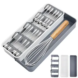 SPORWAY Besteckorganizer 39x22.6 cm - Weiß/Grau, erweiterbarer Küchen-Besteckkasten für Schubladen