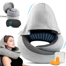 Verstellbares Nacken- & Reisekissen Memory Foam mit Kapuze, Schlafmaske & Ohrstöpseln für Flugzeug, Auto & Zug