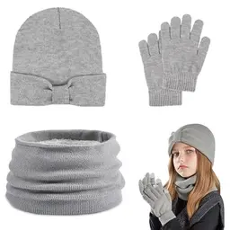 PORUPAEL Wintermütze Set für Kinder, Strickmütze mit Loop Schal und Handschuhen, für Jungen und Mädchen 3-8 Jahre (Grau)