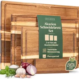 Edelhaus Schneidebrett Holz 3er Set aus Akazie, verschiedene Größen, mit Saftrille, für die Küche