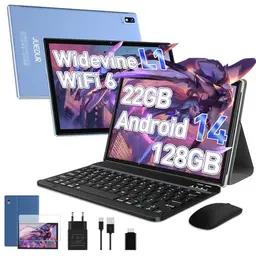 JUEDUR 10 Zoll Android Tablet, 22GB RAM, 128GB ROM, 8000mAh, Octa-Core, 5G WiFi, mit Tastatur und Maus - Blau