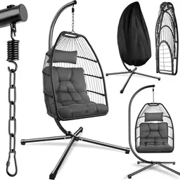 tectake® Hängesessel mit Gestell, Kissen für Wohnzimmer, Jugendzimmer, Balkon - belastbar bis 160kg - dunkelgrau