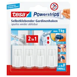 tesa Powerstrips Vario-Gardinenhaken, selbstklebend, wiederverwendbar, bis 1 kg, 4 Stück, weiß