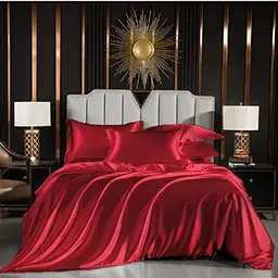 Luofanfei Rote Bettwäsche 155x220 cm Satin Glanz Rot Luxus Bettbezug Set mit Kissenbezügen 80x80 cm
