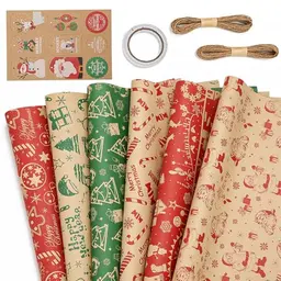 POPOYU 6 Blatt Weihnachtsgeschenkpapier Set, 50x70cm, mit 6 Mustern und Hängeetiketten, Kraftpapier Geschenkverpackung