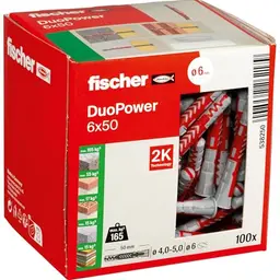 fischer DuoPower 6 x 50 Universaldübel, 100 Stück – Leistungsstarker Kunststoffdübel für Beton, Ziegel, Stein, Gipskarton uvm.