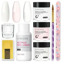 COSCELIA Acryl Nagelset Starterset, 3 Farben Acryl Pulver (Rosa, Klar, Weiß) mit Monomer Liquid, Professionelles Kit