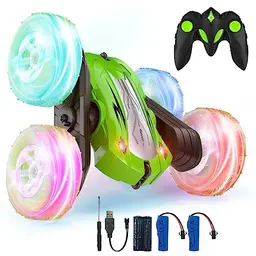 Rodzon Ferngesteuertes Auto mit LED und 360° Flipper für Kinder, 2.4GHz, 4WD, grün