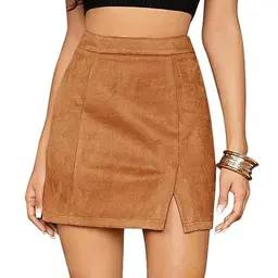 Damen Mini-Rock aus Faux Wildleder, hohe Taille, seitlicher Schlitz, Bleistift- oder A-Linien-Schnitt, Khaki, Größe L