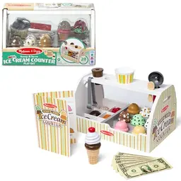 Melissa & Doug Eisdiele aus Holz, 28 Teile, Rollenspiel mit 8 Eissorten, Tüten, Becher, Spielgeld, ab 3 Jahre