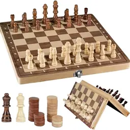 Magnetisches Holz Schachspiel 24cm - 3 in 1 Schach, Backgammon, Klappbar für Reisen und Partys