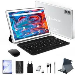 KADYBE 10" Android Tablet 128GB, Octa-Core, 1080FHD, Gesichtserkennung, 7000 mAh, mit Tastatur und Zubehör (Silbrig)