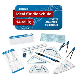 DynaTech Zirkel Set 14-teilig - Grundschule Starterset in Metallbox mit Zirkel, Geodreieck, Bleistift und mehr