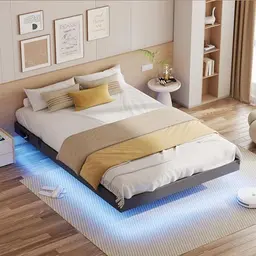 IRONCK Bettgestell 140x200 cm mit LED-Beleuchtung, gepolsterte Seitenwände, 2 AC-Steckdosen, 1 USB-A- und 1 USB-C-Anschluss, graues Metallbett