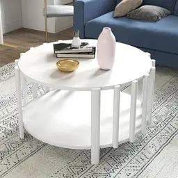 WODHMIEY Rund Couchtisch 70cm - Skandinavischer Beistelltisch in Weiß mit doppelter Ablage für kleine Räume