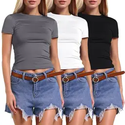 Damen Sommershirt 3er Set, Kurzarm, Lässig, Rundhalsausschnitt, Dunkelgrau, Größe S