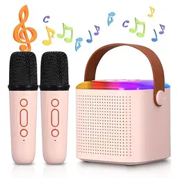 Bluetooth Karaoke Maschine mit 2 kabellosen Mikrofonen für Kinder und Erwachsene - Tragbares, wiederaufladbares Mikrofon mit Lautsprecher und LED-Licht