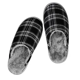 Riemot Herren Hausschuhe Warm Plüsch Pantoffeln Schwarz Weiß Kariert 44/45 EU